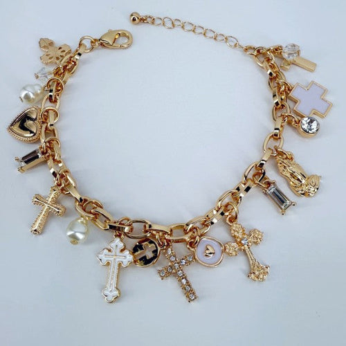 Chain Bracelet Cross, Hearts, Charms