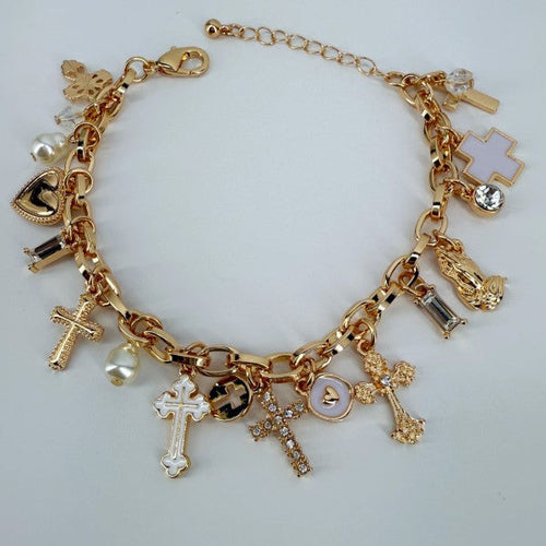 Chain Bracelet Cross, Hearts, Charms
