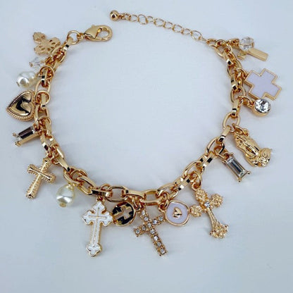 Chain Bracelet Cross, Hearts, Charms