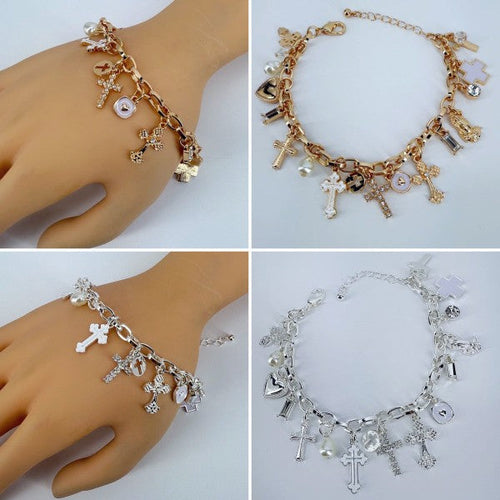 Chain Bracelet Cross, Hearts, Charms
