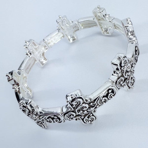 Silver Finish Filigree Design Cross Bracelet