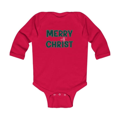 Infant Long Sleeve Graphic T-shirt - Merry with Christ - Green Plaid