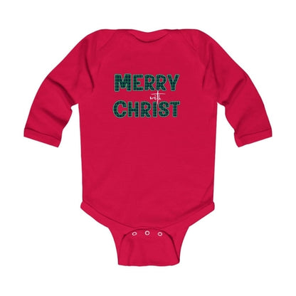 Infant Long Sleeve Graphic T-shirt - Merry with Christ - Green Plaid