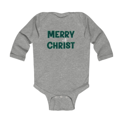 Infant Long Sleeve Graphic T-shirt - Merry with Christ - Green Plaid