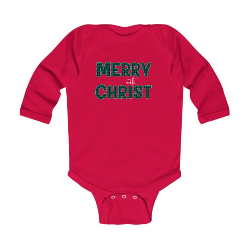 Infant Long Sleeve Graphic T-shirt - Merry with Christ - Green Plaid