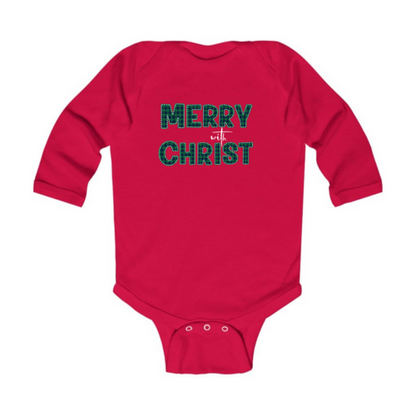 Infant Long Sleeve Graphic T-shirt - Merry with Christ - Green Plaid